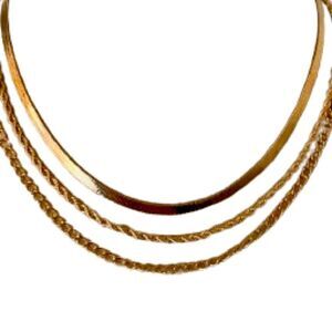 Triple Layer Gold Chain Necklace – Mixed Rope, Curby & Herringbone